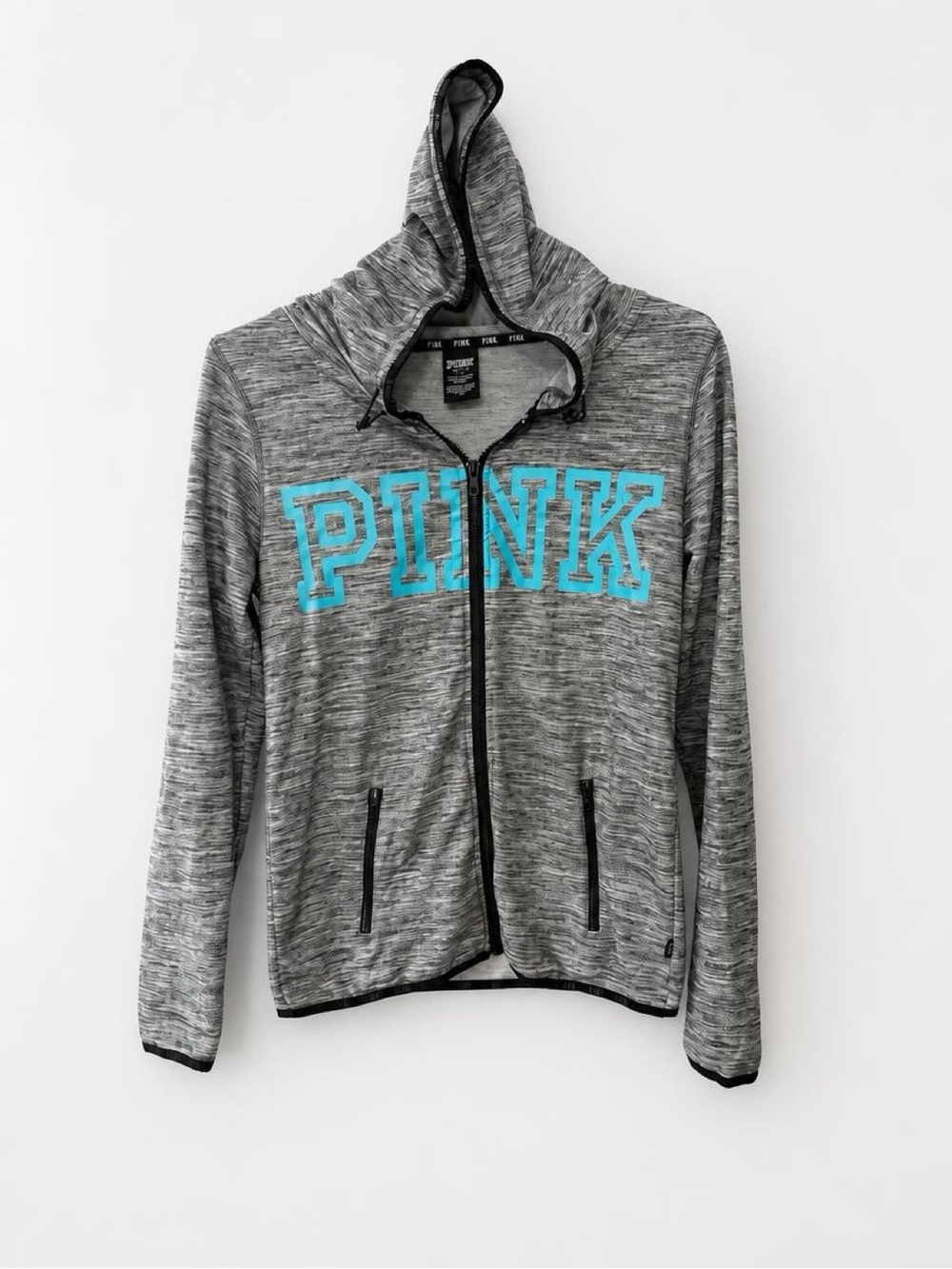 PINK Victoria's Secret Gray Hooded Zip Jacket with Turquoise Logo